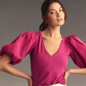 By Anthropologie Puff-Sleeve V-Neck Top Mulberry Size XS NWT